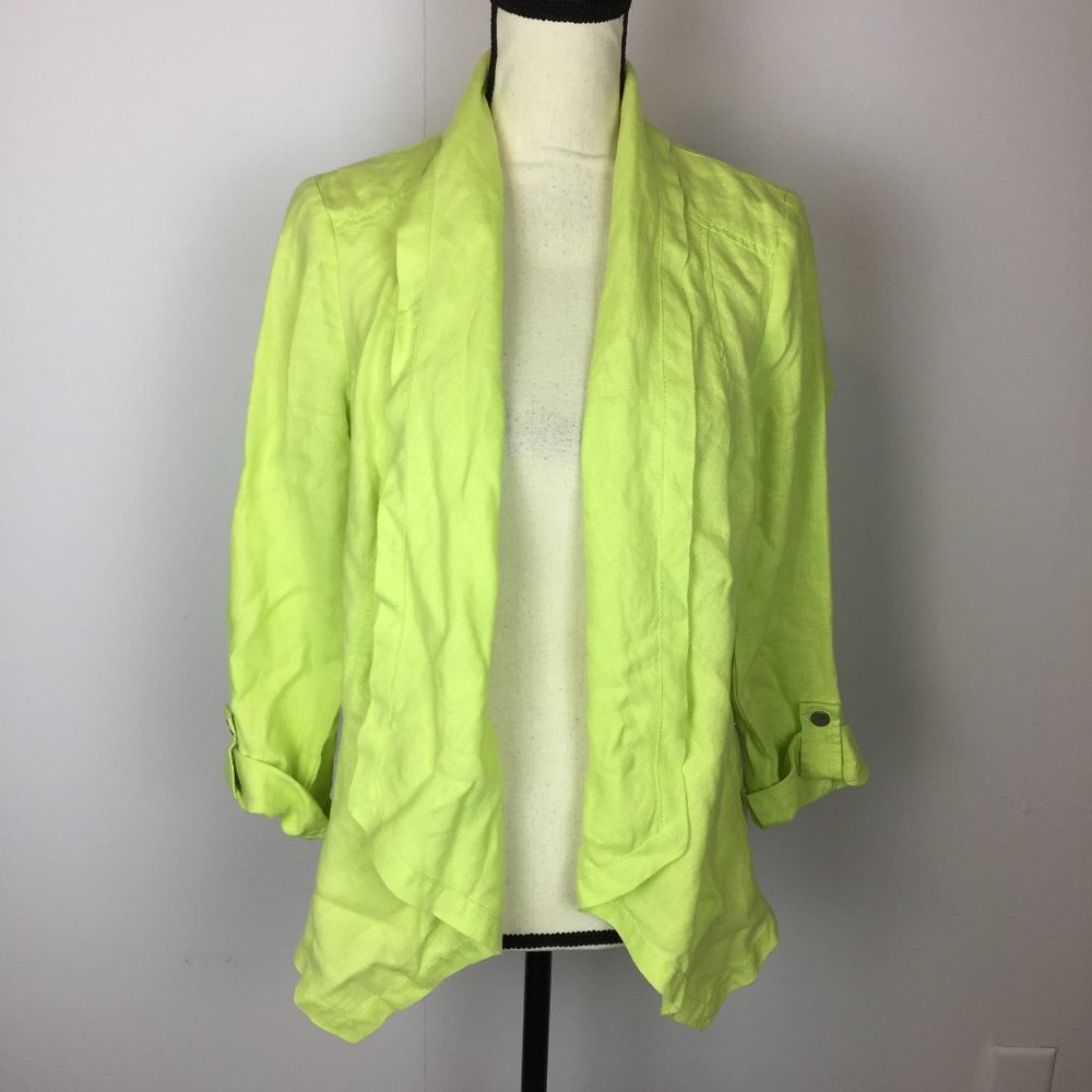 Chico’s Open Front Linen Cardigan Jacket Size 0 Womans Lime Green 3/4 Sleeve